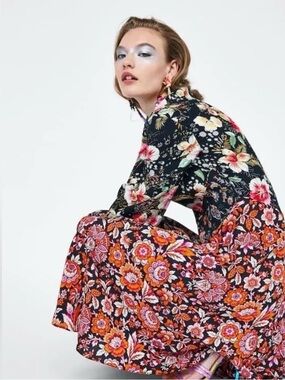 Zara Woman Floral Black Long Sleeve Dress - Pink & Green Flowers- Small